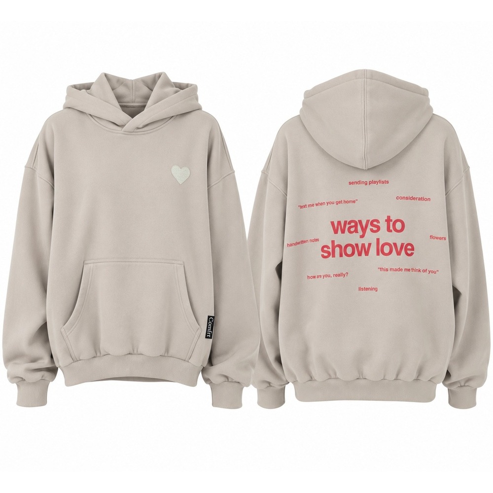 Comfrt Love Hoodie Unisex M Beige Cotton Graphic Heart Oversized Streetwear Cozy